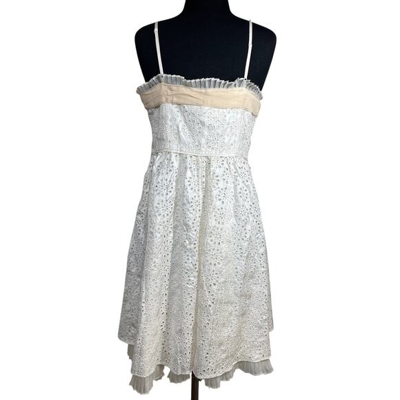 ECI New York 100% Silk Ivory Eyelet Ruffle Mini Spaghetti Strap Dress Size 10 - Picture 5 of 16